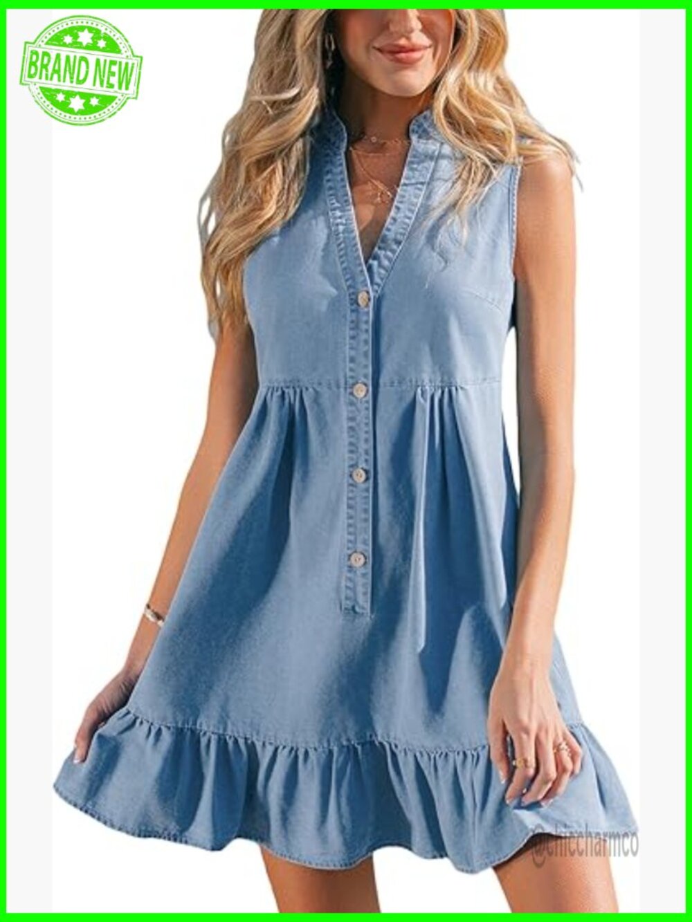 Notch V Neck Front Button Denim Dress Sleeveless Ruffle Hem Mini Sun Dress